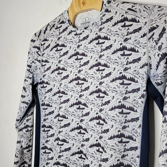 Koofin Large Navy Blue / White Fish Pattern Long Sleeve Men's Fishing T-Shirt - Picture 3 of 5